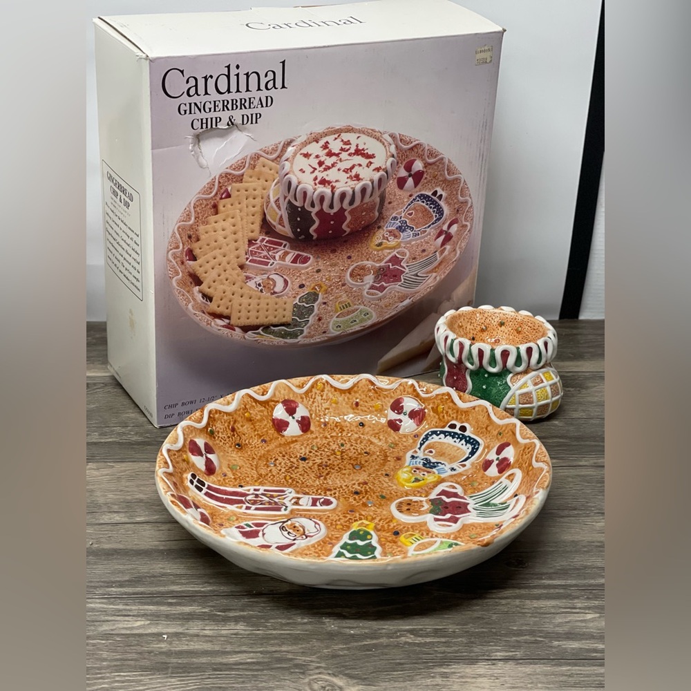 🎄Cardinal Gingerbread Chip & Dip Set Handpainted Ceramic Holiday Christmas Bowl